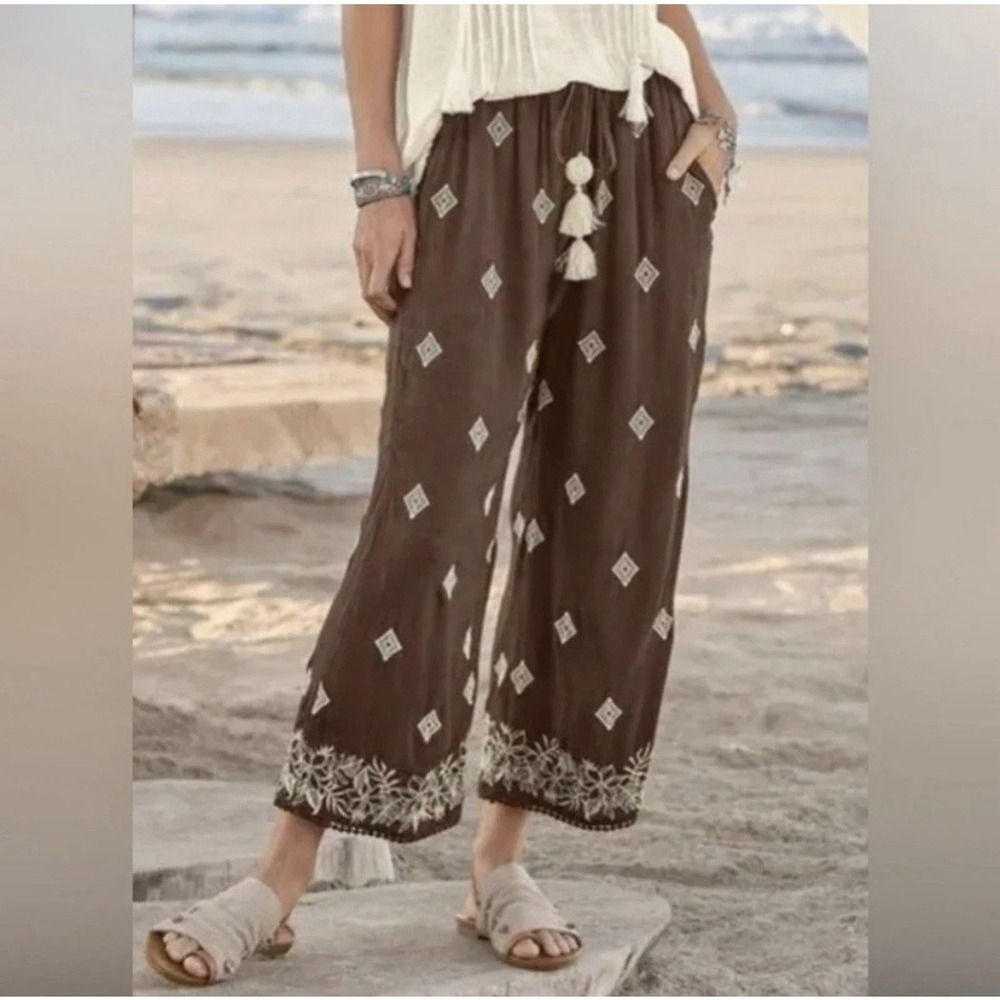 Sundance Le‎ Meridien Crop Pants Size Small Brown Embroidered Tassel Tie Boho